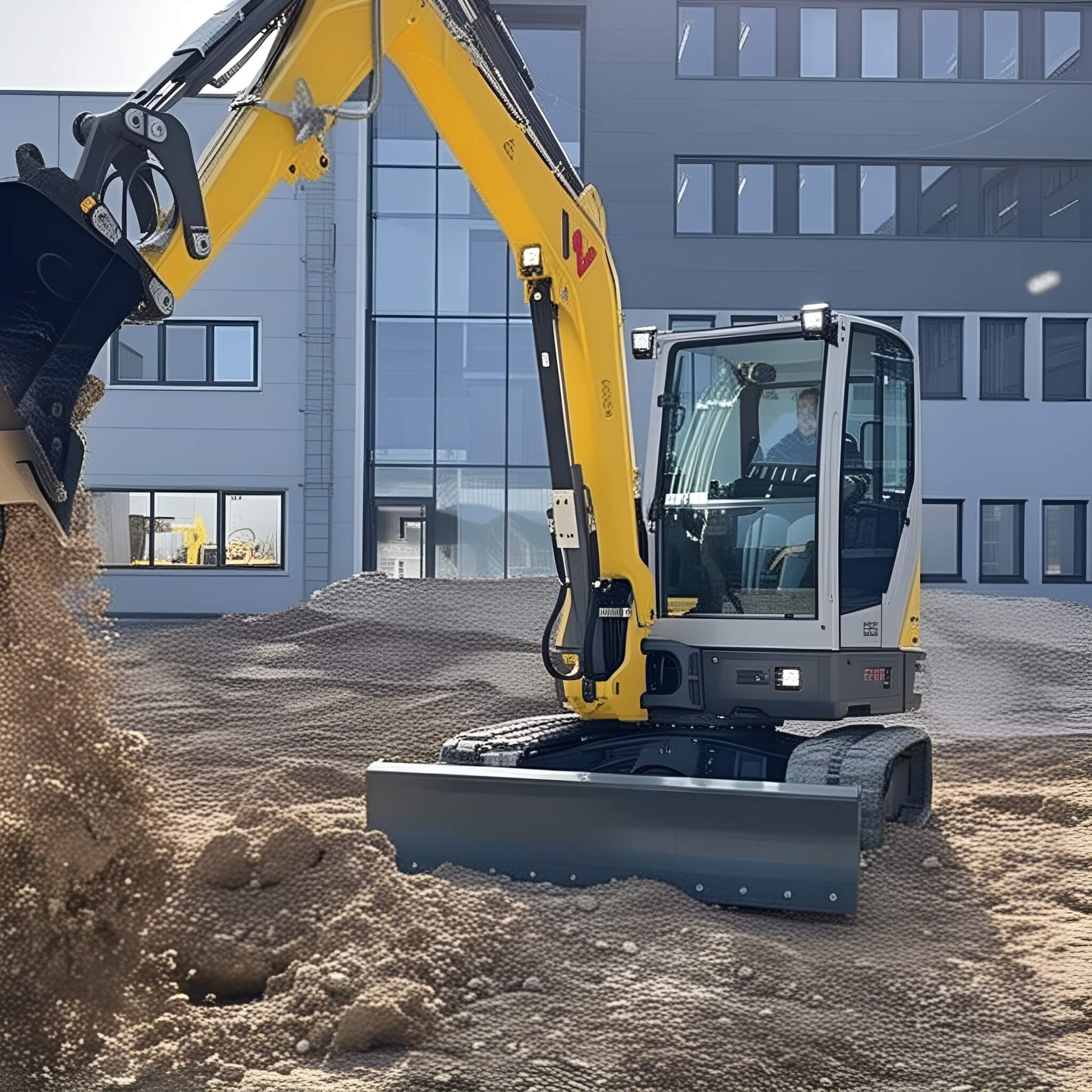 Compact excavator in action, moving soil at a construction site with modern buildings in the background