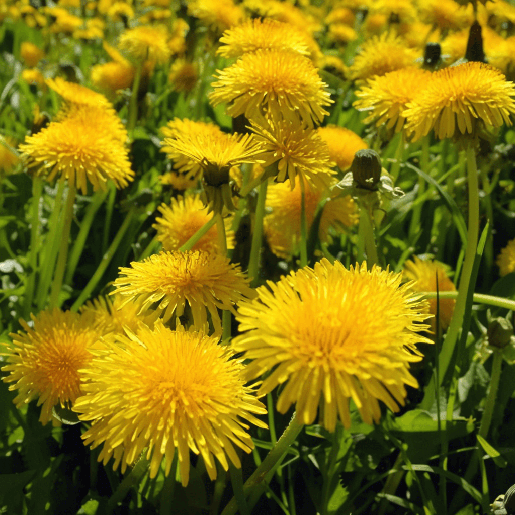 Close-up of yellow dandelion flowers growing in grass, common lawn weed in Pennsylvania