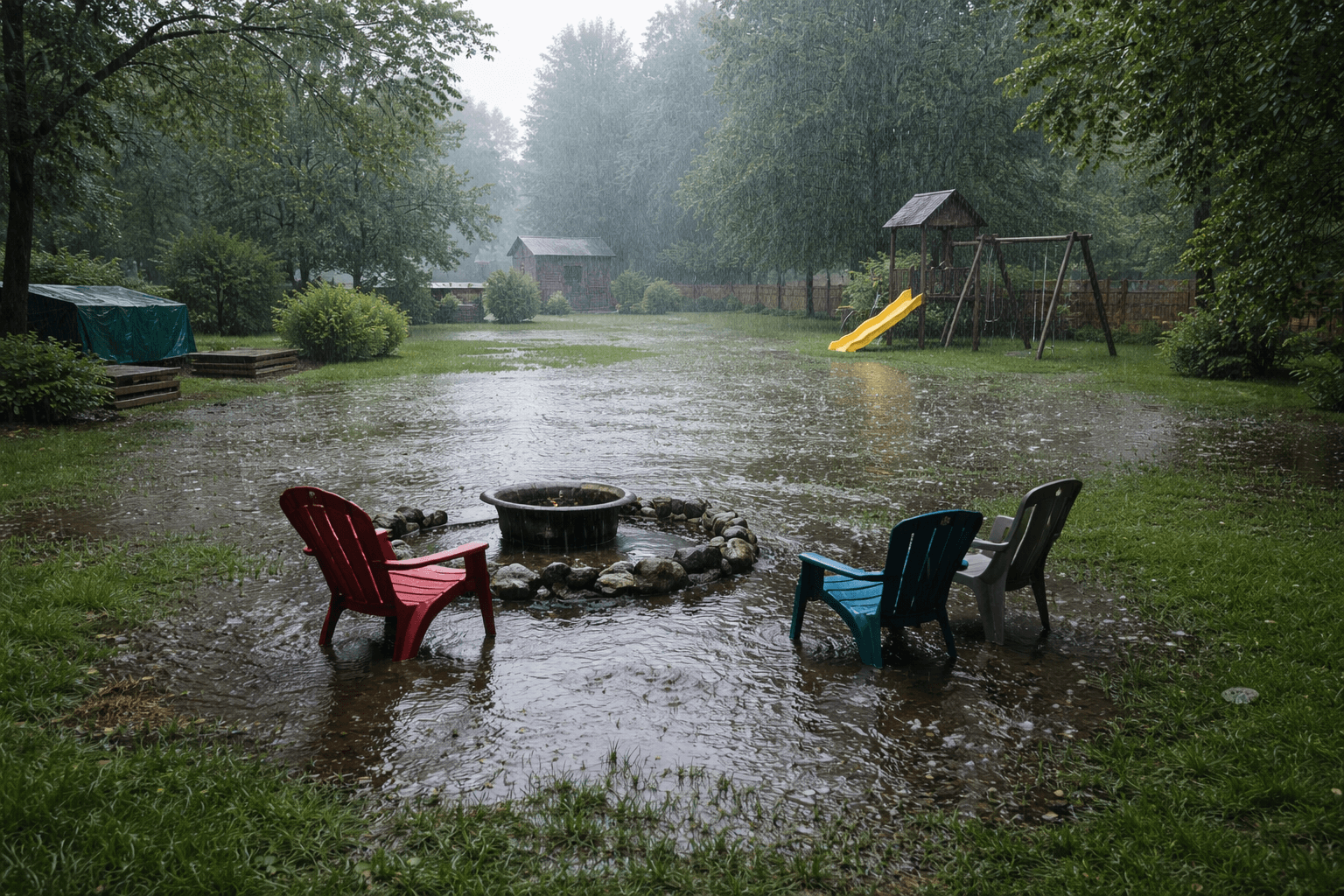 Standing water in a Pennsylvania yard caused by poor drainage in clay soil during heavy rain